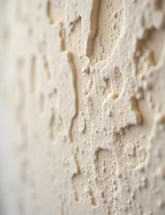 Gros plan sur une texture murale artisanale avec un jeu de lumière subtil.