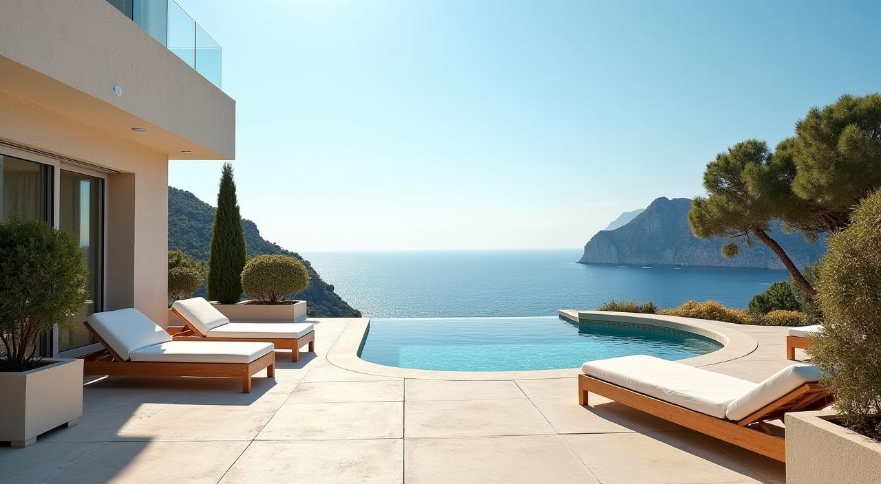 Vue de la terrasse de l'Hôtel Le Serein face à la mer.