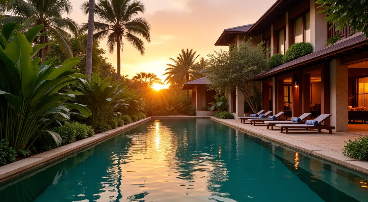 Piscine et jardin de la Villa Kenshō à Bali au coucher du soleil.