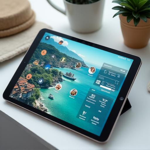 Interface d'une application de voyage sur une tablette.